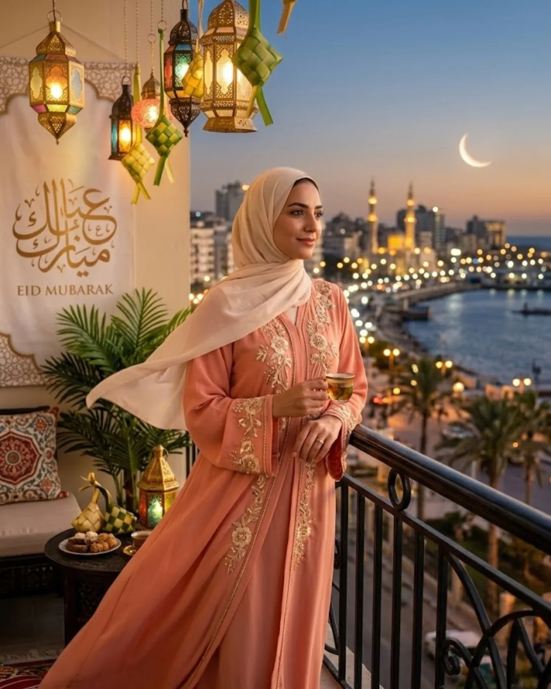 Golden Hour Balcony — Women's Abaya Eid Mubarak AI-generated